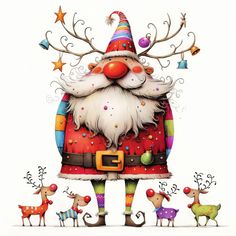 a christmas card with santa claus surrounded by reindeers and other holiday decorations, all in different colors