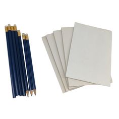 four pencils and five sheets of paper on a white background