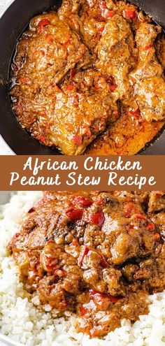 african chicken and peanut stew recipe in a skillet with white rice on the side