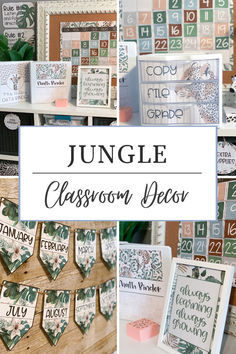 the jungle classroom decor is displayed in different styles and colors, including letters and numbers