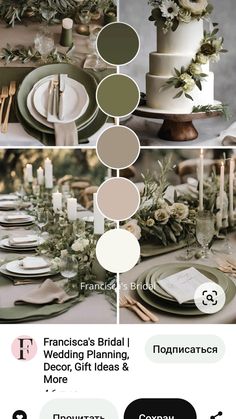 the wedding table is set with candles, plates and flowers in shades of gray, green,