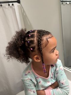 Daughter Hairstyles Curly, Two Braids With Hair Out, Little Mixed Girl Hairstyles Easy With Beads, Bead Hairstyles For Kids Natural Easy, Toddler Hair With Beads, Little Mixed Girl Hairstyles Braids With Beads, Toddler Beads Hairstyles, Toddler Hairstyles With Beads, Hairstyles With Beads For Kids