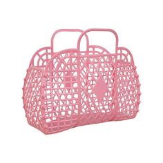 a pink basket with two handles on it