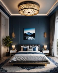 a bedroom with blue walls, white bedding and an art work on the wall