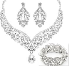 Silver Costume Jewelry Bridal Sets, Silver Crystal Jewelry Sets With Elegant Design, Silver Bridal Sets With Rhinestones For Party, Silver Jewelry Sets For Party With Elegant Design, Silver Crystal Bridal Sets For Party, Formal Silver Metal Bridal Sets, Silver Bridal Sets For Party, Silver Bridal Sets With Elegant Design For Party, Elegant Silver Bridal Sets For Party