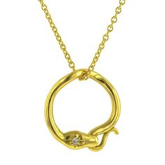 Looped tailed snake pendant measuring app. 5/8 inch, set with a Round Brilliant cut diamond weighing app. 0.01ct., in engraved star setting, fashioned in 18k yellow gold or sterling silver. Length 16 inches. Engraved Snake-shaped Yellow Gold Jewelry, Engraved Yellow Gold Snake Jewelry, Star Setting, Ouroboros Snake, Vintage Diamond Earrings, Sapphire Earrings Studs, Snake Pendant, Sapphire Studs, Romantic Jewellery