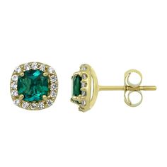 10K yellow gold halo stud earrings with two 5 millimeter cushion shaped lab-created emeralds and thirty-two 1.1 millimeter round lab-created white sapphires Sapphire Stud Earrings, Halo Stud Earrings, Sapphire Earrings Studs, Emerald Earrings Studs, Helzberg Diamonds, Sapphire Studs, Gem Diamonds, Lab Created Emerald, Halo Earrings Studs