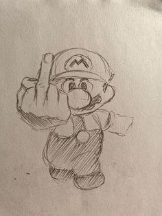 a pencil drawing of a cartoon character with a baseball cap and glove on his head