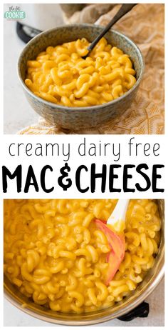 creamy dairy free macaroni and cheese in a pan with the title above it