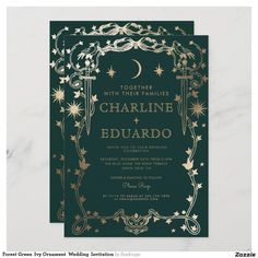 a green and gold wedding card with stars