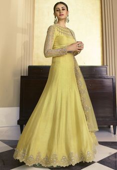 Embroidered Art Silk Abaya Style Suit in Light Yellow : KCH6685 Silk Abaya, Dori Work, Abaya Style, Utsav Fashion, Embroidered Art, Stone Work, Abaya Fashion, Fabric Art, Light Yellow