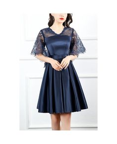 Get 10% off now! Buy navy blue short pleated homecoming dress vneck with sleeves at cheap price online. Free stable shipping and pro custom service since 2009. Blue V-neck Short Sleeve Dress For Party, Elegant Short Sleeve Mini Dress For Homecoming, Pleated V-neck Dress For Prom Season, Blue Short Sleeve V-neck Dress For Party, Blue V-neck Mini Dress For Prom Season, Dress For Homecoming, White Dress Outfit, Short Gowns, Short Party Dress