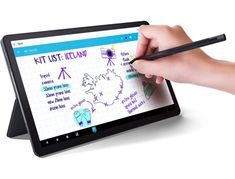 a person writing on a tablet screen with a pen in their hand and another drawing something on the screen