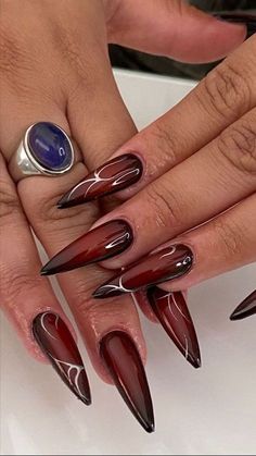 Cherry Wine Nails, Red And Silver Nails, Black Halloween Nails, Cherry Wine, Gothic Nails, Jack O'lantern