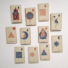 nine playing cards with different shapes and sizes, all showing the same person's body