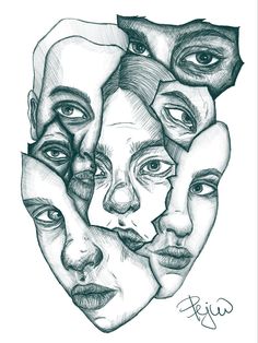 a drawing of people's faces with different facial expressions on the face and behind them