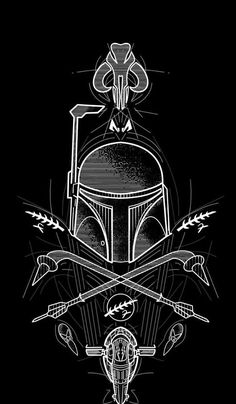 a black and white drawing of a boba fett helmet with two crossed swords