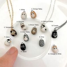 a white plate topped with lots of different types of cats necklaces on it's sides