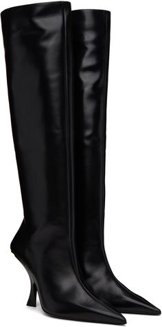 Knee-high buffed leather boots in black. · Pointed toe · Zip closure at inner side · Stiletto heel with rubber injection · Leather sole · Heel: H3.5 Supplier color: Black Business Boots With Rubber Heel Cap And Pointed Toe, Office High Heel Calf Leather Boots, Office High Heel Boots In Calf Leather, Calf Leather High Heel Boots For Office, High Heel Calf Leather Boots For Office, Calf Leather High Heeled Boots For Office, Luxury Heeled Boots With Sculpted Heel And Snip Toe, Black Knee-high Boots With Sculpted Heel And Wide Calf, Black Knee-high Boots With Sculpted Heel For Wide Calves