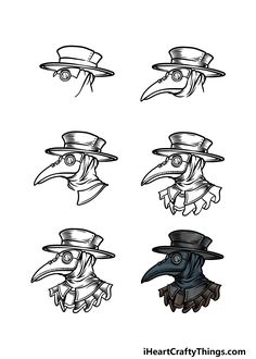 several hats with different designs on them and one has a bird's head in the middle