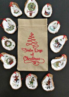 twelve christmas ornaments are displayed in front of a drawstring bag with the words, twelve days of christmas on it