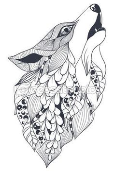 a drawing of a wolf's head with an intricate pattern on the front and back