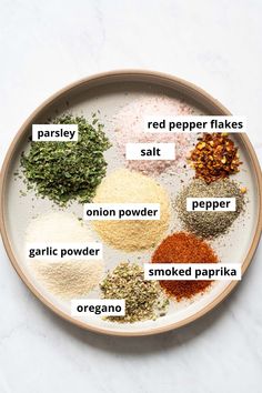 an overhead view of different spices on a plate with labels labeled in english and spanish