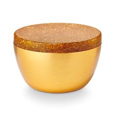 a gold container with glitter on it