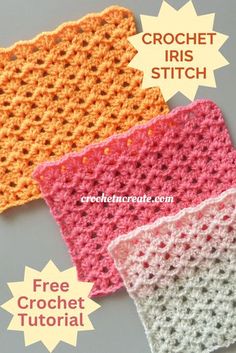 three crocheted dishcloths are shown with the text, free crochet pattern