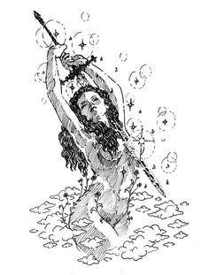 an ink drawing of a woman in the water with a spear and stars above her head