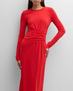 Emporio Armani gown in jersey with pleated waistband.Jewel neckline.Long sleeves.Full length.Column silhouette.Invisible back zipper.Viscose/polyester/elastane.Dry clean.Imported Size Note: • Model Height: 5'10'/ waist 24”/ hips 34'/ bust 32' • Model is wearing size 36 Armani Gowns, Emporio Armani Women, Column Gown, Jewel Neckline, Long Sleeve Jersey, Clothing Dresses, Model Height, Emporio Armani, Gowns Dresses