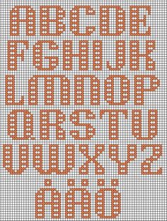 an orange and white cross stitched alphabet with the letter's lowercasees