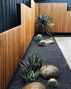 an outdoor area with rocks and plants in the center, along side a wooden fence