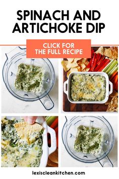 spinach and artichoke dip in a casserole dish with text overlay