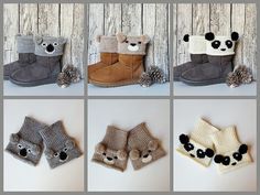 four pictures of different pairs of winter boots with panda ears on them, one in the middle and two in the back