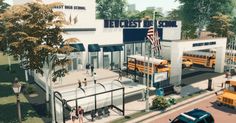 an artist's rendering of a bus station with school buses