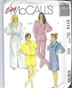 UNCUT Mccalls Sewing Pattern Misses' Sleepwear, Robe, Nightshirt, or Pajama Tops, Pull-on Bottoms  5114-Dated 1990-Sizes Small (10-12) FF These patterns are uncut and Factory folded. Shirt Pattern Sewing, Pattern Pajamas, Nightgown Pattern, Pajama Pattern, Best Pajamas, Mccalls Sewing Patterns, Mccalls Patterns, Pajama Robe, Patterned Sheets