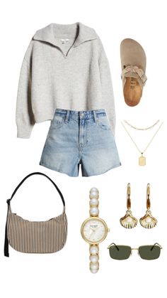 Summer night inspo: collard jumper, jean shorts, Birkenstock clogs, dainty jewelry Outfit Inspo Summer, Late Summer, The Coast, Summer Nights, New Yorker, Classy Outfits, Everyday Outfits