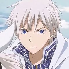 an anime character with white hair and blue eyes looking at the camera while standing in front of clouds