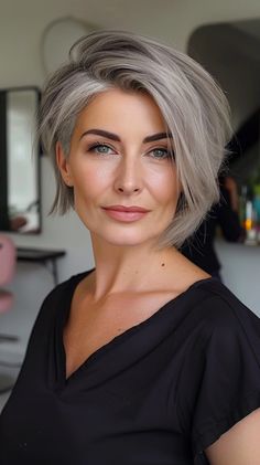 50+ Elegant Hairstyles For Women Over 60 In 2024 Chin Length Gray Hairstyles, Women With Gray Hair, Chin Length Gray Hair, Hair For Double Chin, Edgy Grey Hairstyles Over 50, Grey Hair Makeup, Grey Bob Hairstyles Over 50, Short Grey Bob, Silver Short Hair