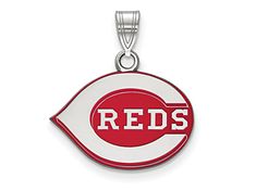 Rhodium over sterling silver enameled MLB's Cincinnati Reds medium pendant from LogoArt.   Measures approximately 0.71"L x 0.59"W. Red Enamel Jewelry For Anniversary, Red Sterling Silver Jewelry With Polished Finish, Red Enamel Round Pendant Necklace, Red Enamel Collectible Jewelry, Red Polished Pendant Jewelry, Red Round Jewelry With Black Enamel, Red Pendant Jewelry With Polished Finish, Red Enamel Round Necklace, Red Enamel Jewelry With Charms