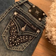 Brand New With Tags! Miss Me Signature Rise Black Leather Wings Bootcut Denim Rhinestone Embellishments Lining Wings Detailed With Large Crystal Rivets At Corner Of Pockets And Silver Logo Hardware Country Jeans, Shoe Nails, Silver Logo, Miss Me Jeans, Boot Cut Denim, Cute Jeans, Miss Me, Large Crystals, Teen Fashion Outfits