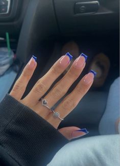 Nails Inspiration Wedding Guest, Acrylic Nails For Blue Dress, Dark Navy Nails Acrylic, Easy Nail Color Ideas, Royal Blue French Tips Square, Hoco Nails For Dark Blue Dress, Naive Blue Nails, Nails Simple Medium, Square Nails Blue Design