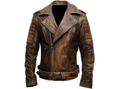 Men Biker Leather Jacket | Vintage Motorcycle Rider Quilted Jacket | Slim Fit Distressed Leather Jacket | Embrace your wardrobe with this distressed brown biker jacket. From parties to formal wear it will match with any outfit you go with. It's slim fit pattern will give you a professional biker look.  Key Features: -Zipper Front. -Lapel Collar. -Quilted Sleeves. -Distressed Look. -Waist Belt. -Front Zipper Pockets. -Snaps. Gift this to your special ones you make there day special and memorable. Vintage Brown Biker Jacket For Fall Events, Winter Brown Distressed Biker Jacket, Vintage Brown Distressed Biker Jacket, Distressed Brown Leather Jacket With Long Sleeves, Brown Distressed Leather Jacket With Long Sleeves, Rugged Distressed Brown Outerwear, Distressed Rugged Brown Outerwear, Brown Fall Biker Jacket For Biker Events, Brown Biker Jacket