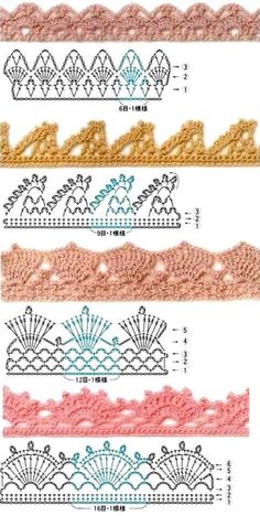 four rows of crocheted laces with different colors