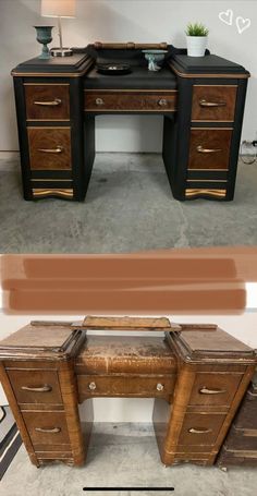 an old wooden desk with two drawers and a leather seat on the bottom one side