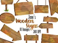 wooden signs hanging from chains with grass in the middle and one sign that says, jane's wooden signs 10 images 300 dpii