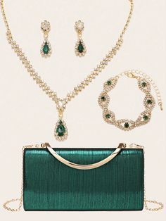 LETODE 4 Pieces Rhinestone Jewelry Set Bling Necklace Earrings Bracelets Set For Wedding Clutch Purses Bag For Women Purses And Handbags Elegant Banquet Evening Crossbody Bag Green Glamorous   Polyester Plain,Striped,All Over Print Box Bag,Evening Bag & Jewelry Set   Women Bags, size features are:Bust: ,Length: ,Sleeve Length: Collar Verde, Rhinestone Jewelry Set, Bag Jewelry, Bling Necklace, Wedding Clutch, Bracelets Set, Crossbody Bag Women, Rhinestone Jewelry, Box Bag