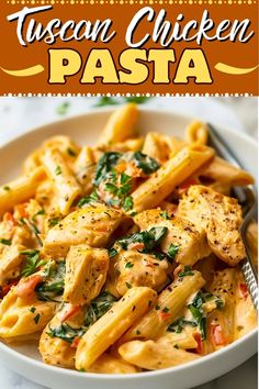 this pasta dish is loaded with chicken, spinach and cheese it's ready to be eaten