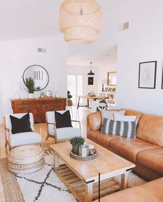 a living room with couches, tables and pictures hanging on the wall above them